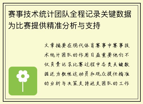 赛事技术统计团队全程记录关键数据为比赛提供精准分析与支持